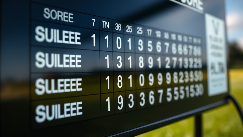 골프 경기 스코어보드에 다양한 점수가 표시된 장면