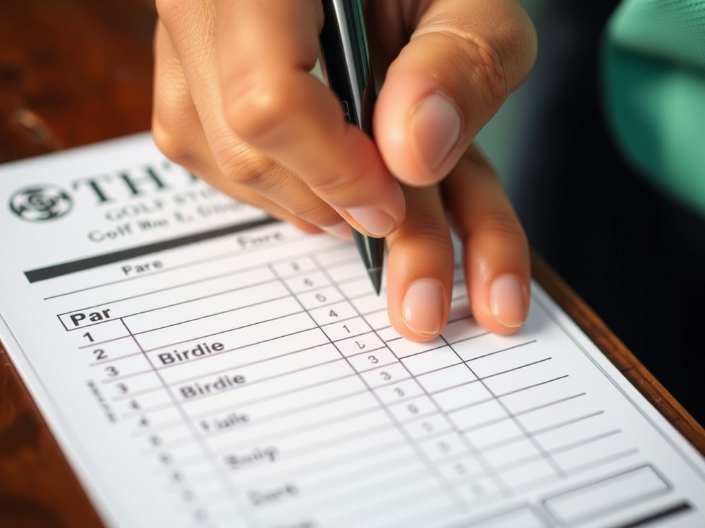 골프 스코어카드에 점수를 기록하고 있는 모습